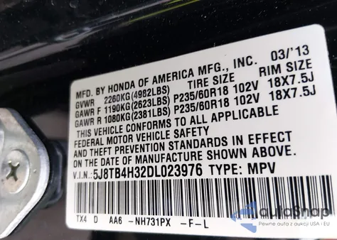 2013 Acura Rdx из США, поврежденный, VIN 5J8TB4H32DL023976